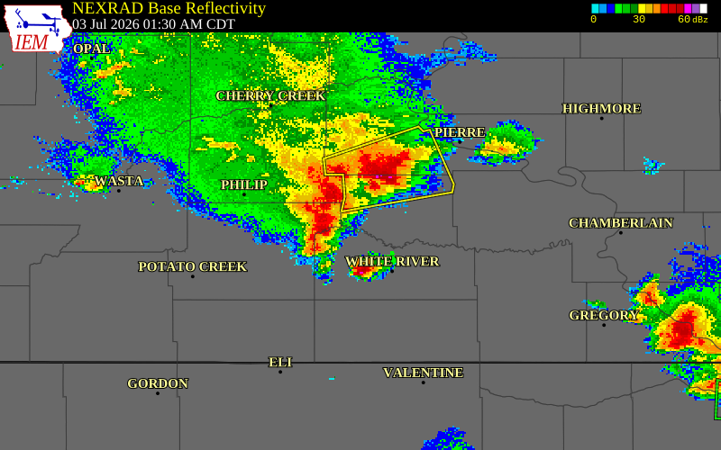 NEXRAD radar during the Friday, July 3, 2026 storm activity in Jackson County, South Dakota
