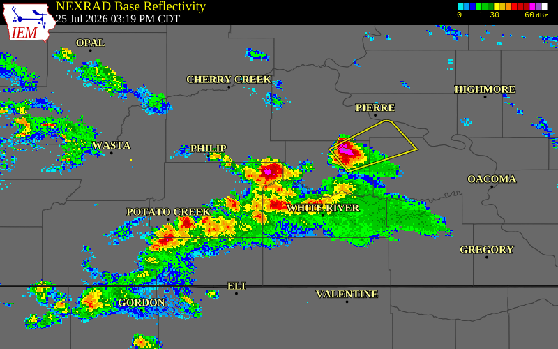 NEXRAD radar during the Saturday, July 25, 2026 storm activity in Jackson County, South Dakota