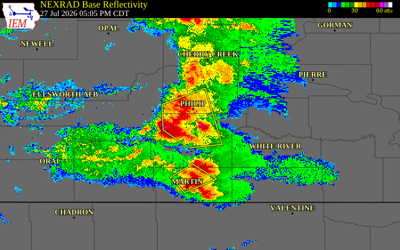 NEXRAD radar during the Monday, July 27, 2026 storm activity in Jackson County, South Dakota