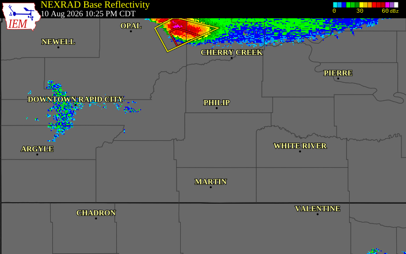 NEXRAD radar during the Monday, August 10, 2026 storm activity in Jackson County, South Dakota