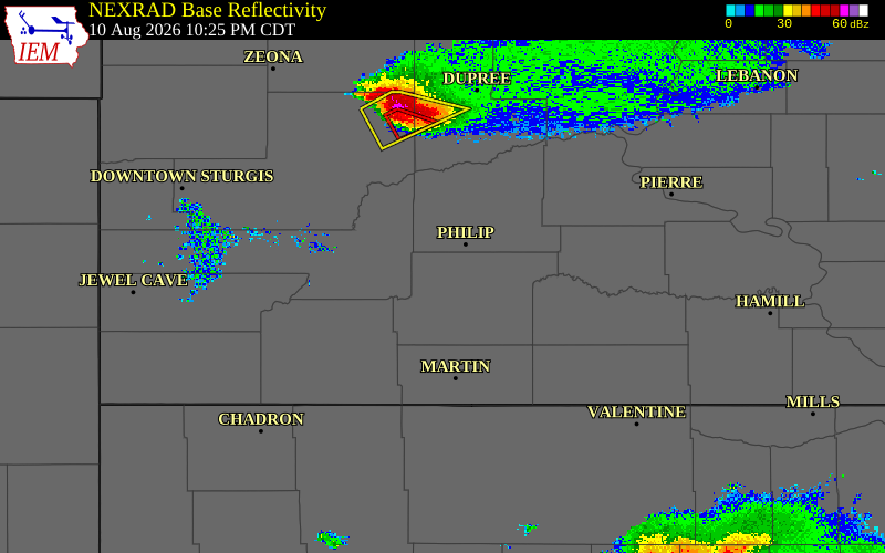 Radar snapshot during the Aug 10, 2026 wind event near 4 E Cactus Flat, Jackson County, South Dakota, with NWS warning polygons
