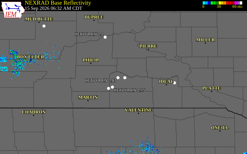 Current NEXRAD radar over Jackson County, South Dakota with recent storm report locations
