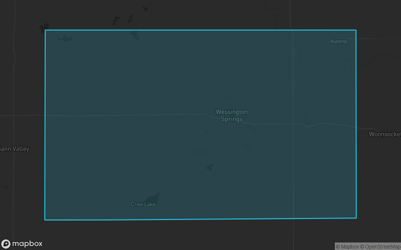 Map of Jerauld County, South Dakota showing the county boundary and surrounding cities