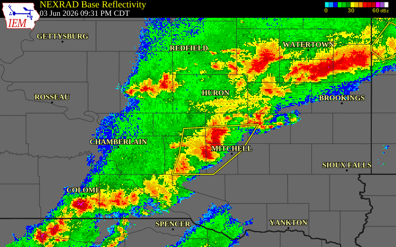 NEXRAD radar during the Wednesday, June 3, 2026 storm activity in Jerauld County, South Dakota