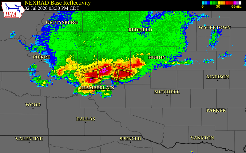 NEXRAD radar during the Thursday, July 2, 2026 storm activity in Jerauld County, South Dakota