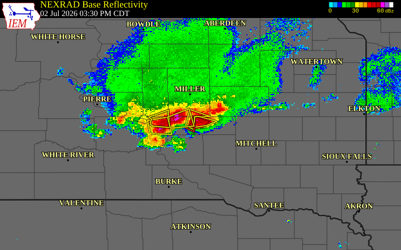 Radar snapshot during the Jul 2, 2026 tornado event near 13 W Wessington Springs, Jerauld County, South Dakota, with NWS warning polygons