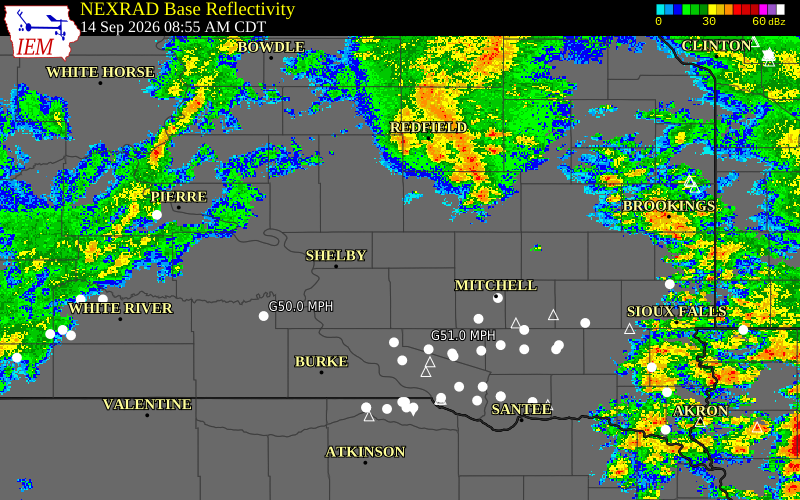 Current NEXRAD radar over Jerauld County, South Dakota with recent storm report locations