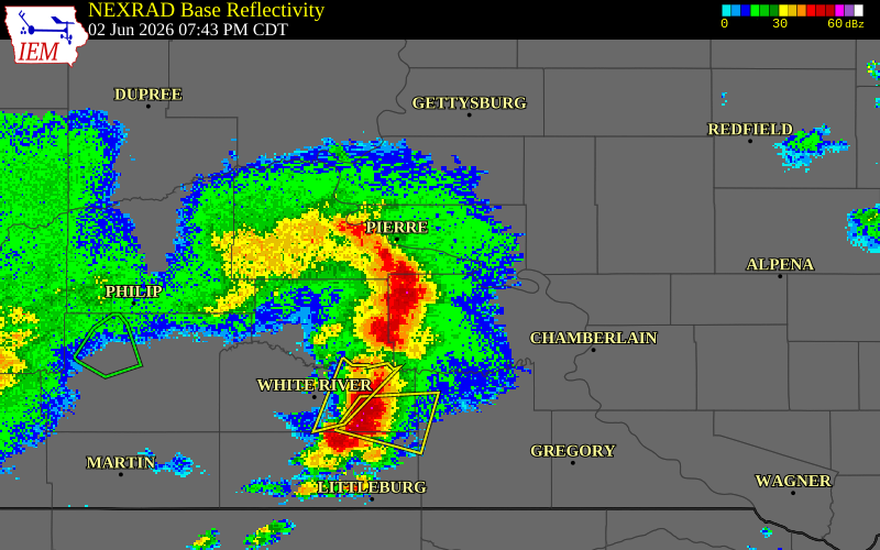 NEXRAD radar during the Tuesday, June 2, 2026 storm activity in Jones County, South Dakota