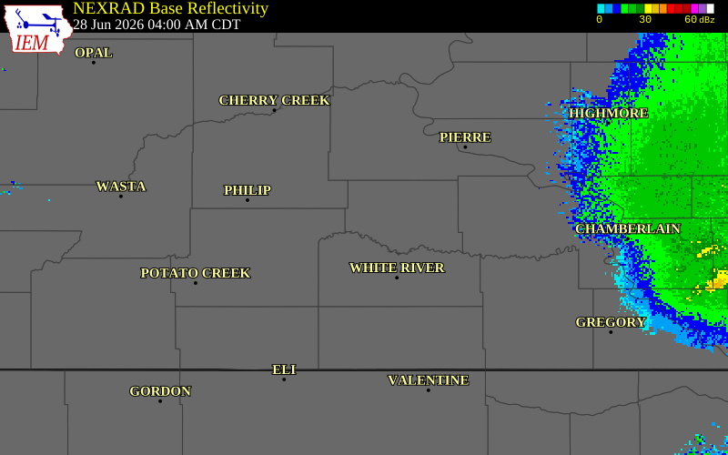 NEXRAD radar during the Sunday, June 28, 2026 storm activity in Jones County, South Dakota