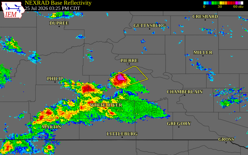 NEXRAD radar during the Saturday, July 25, 2026 storm activity in Jones County, South Dakota