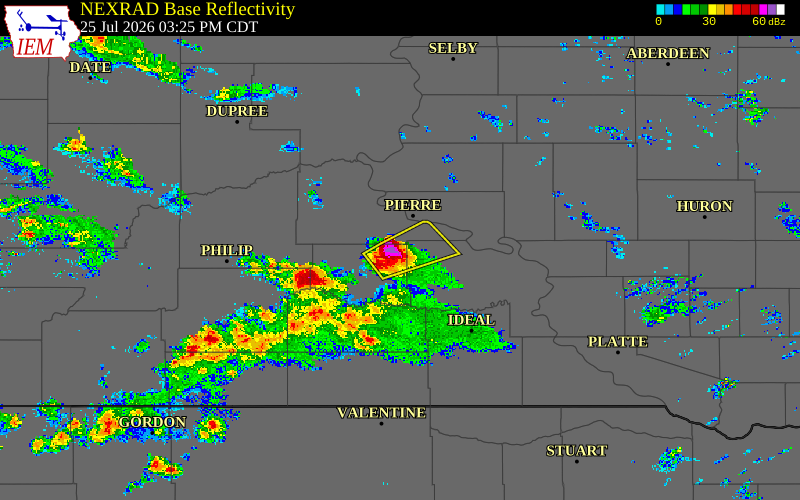 Radar snapshot during the Jul 25, 2026 hail event near 15 ESE Wendte, Jones County, South Dakota, with NWS warning polygons