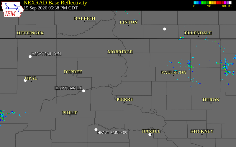 Current NEXRAD radar over Jones County, South Dakota with recent storm report locations