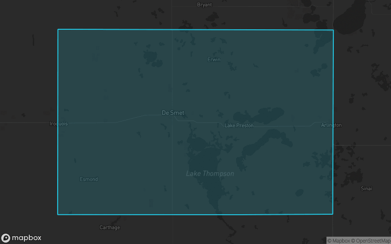 Map of Kingsbury County, South Dakota showing the county boundary and surrounding cities