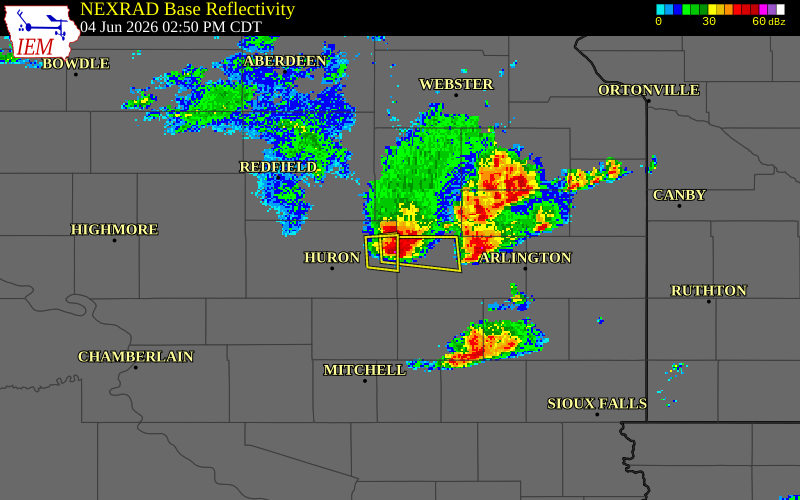 NEXRAD radar during the Thursday, June 4, 2026 storm activity in Kingsbury County, South Dakota