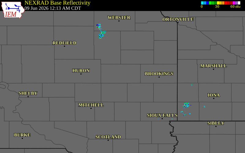 NEXRAD radar during the Tuesday, June 9, 2026 storm activity in Kingsbury County, South Dakota