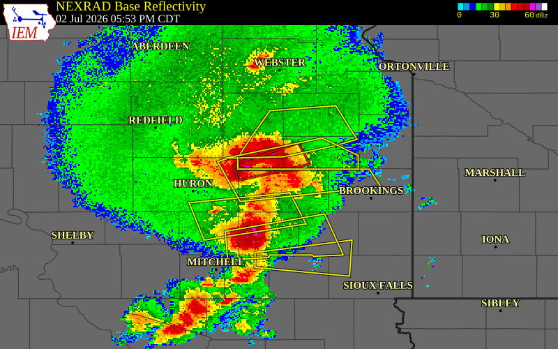 NEXRAD radar during the Thursday, July 2, 2026 storm activity in Kingsbury County, South Dakota
