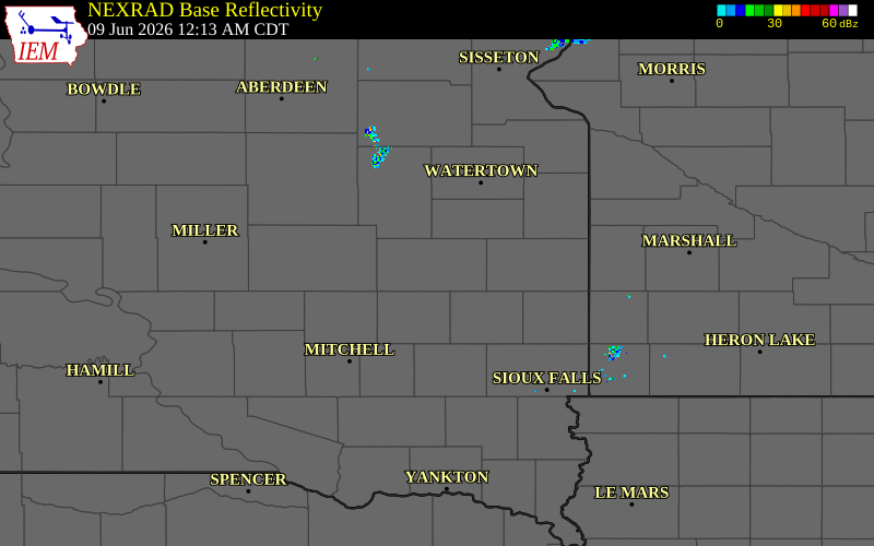 Radar snapshot during the Jun 9, 2026 wind event near 5 WSW Lake Preston, Kingsbury County, South Dakota, with NWS warning polygons