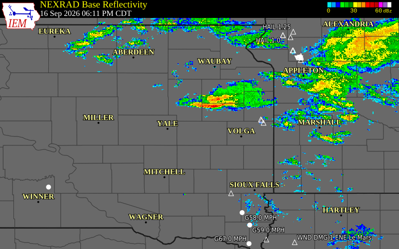 Current NEXRAD radar over Kingsbury County, South Dakota with recent storm report locations