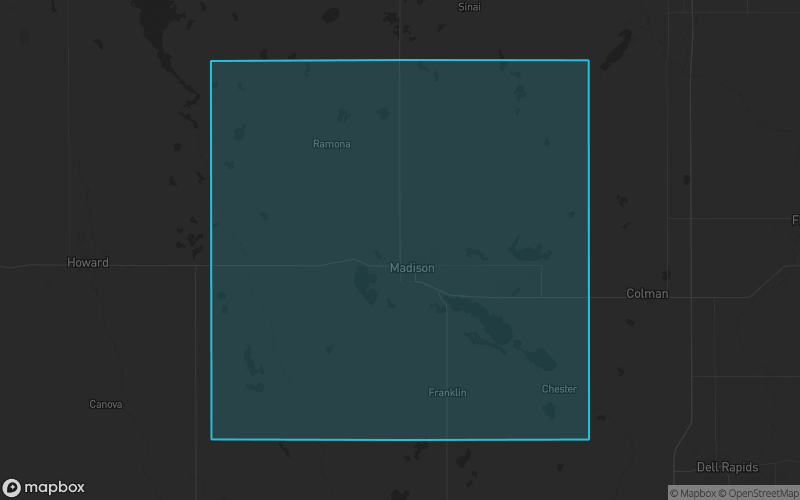Map of Lake County, South Dakota showing the county boundary and surrounding cities