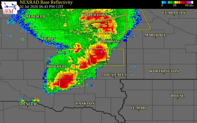 NEXRAD radar during the Thursday, July 2, 2026 storm activity in Lake County, South Dakota