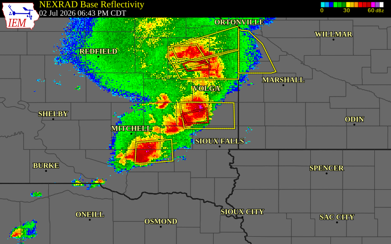 Radar snapshot during the Jul 2, 2026 wind event near 5 ENE Orland, Lake County, South Dakota, with NWS warning polygons