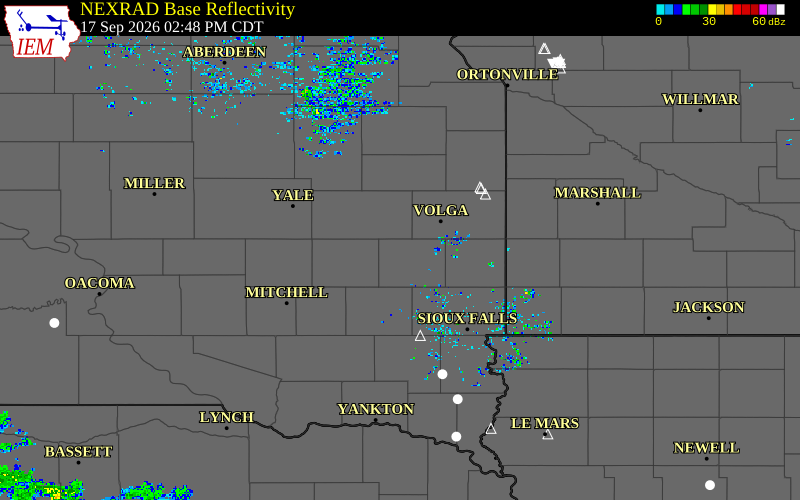 Current NEXRAD radar over Lake County, South Dakota with recent storm report locations