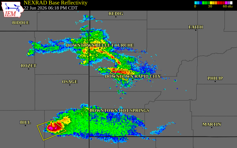 NEXRAD radar during the Monday, June 22, 2026 storm activity in Lawrence County, South Dakota