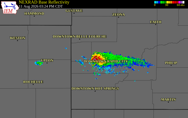 NEXRAD radar during the Tuesday, August 11, 2026 storm activity in Lawrence County, South Dakota