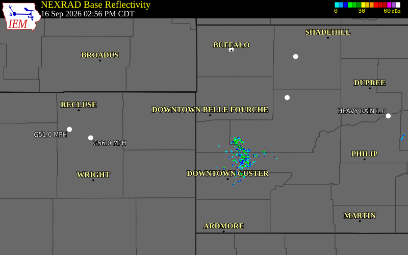 Current NEXRAD radar over Lawrence County, South Dakota with recent storm report locations
