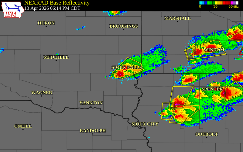 NEXRAD radar during the Monday, April 13, 2026 storm activity in Lincoln County, South Dakota