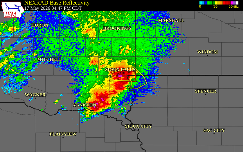 NEXRAD radar during the Sunday, May 17, 2026 storm activity in Lincoln County, South Dakota