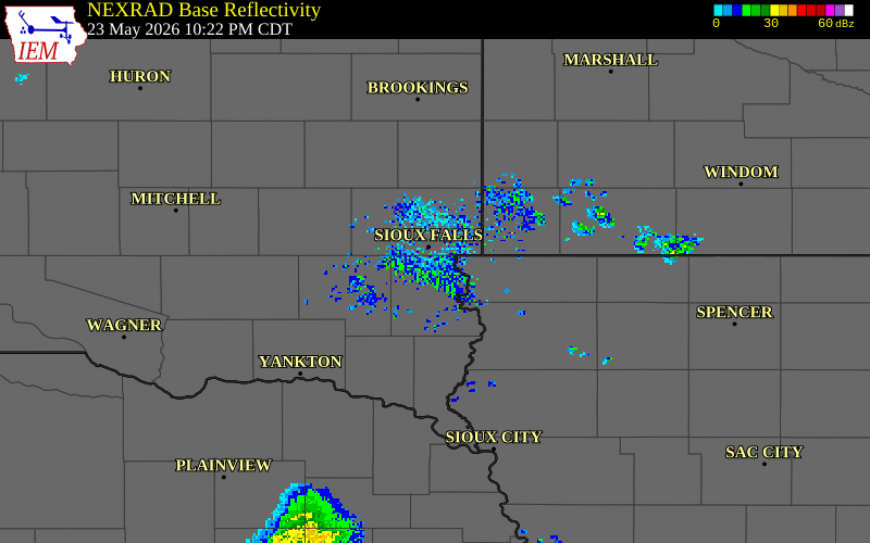 NEXRAD radar during the Saturday, May 23, 2026 storm activity in Lincoln County, South Dakota
