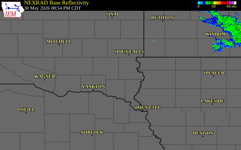 NEXRAD radar during the Saturday, May 30, 2026 storm activity in Lincoln County, South Dakota