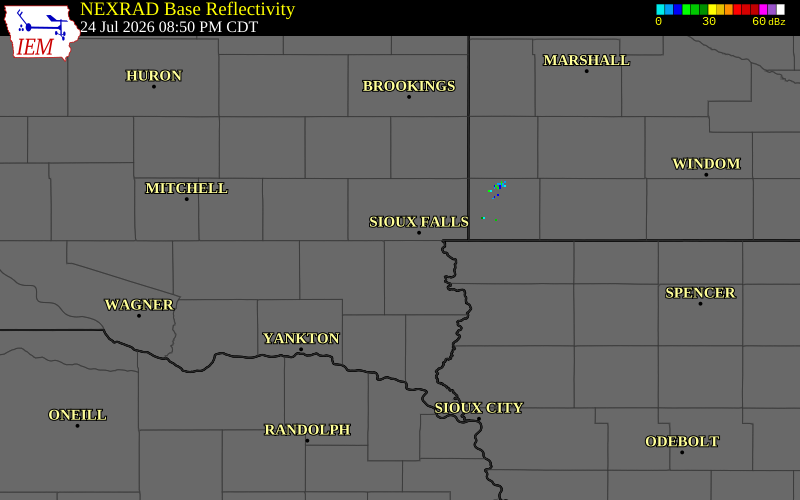 NEXRAD radar during the Friday, July 24, 2026 storm activity in Lincoln County, South Dakota