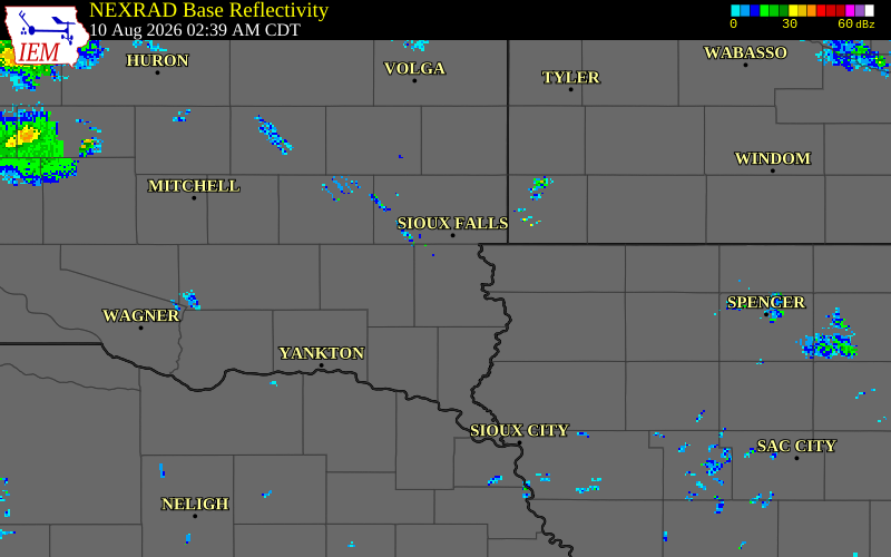 NEXRAD radar during the Monday, August 10, 2026 storm activity in Lincoln County, South Dakota