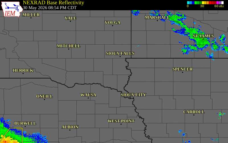 Radar snapshot during the May 30, 2026 tornado event near 5 NE Centerville, Lincoln County, South Dakota, with NWS warning polygons