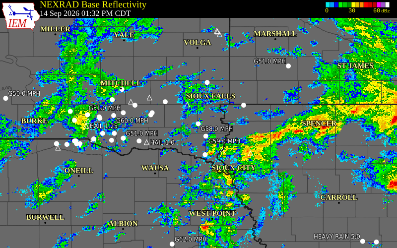 Current NEXRAD radar over Lincoln County, South Dakota with recent storm report locations