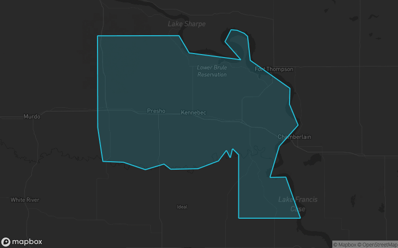 Map of Lyman County, South Dakota showing the county boundary and surrounding cities