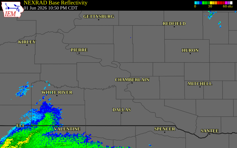 NEXRAD radar during the Monday, June 1, 2026 storm activity in Lyman County, South Dakota
