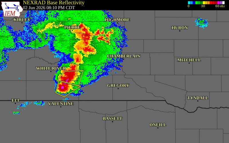 NEXRAD radar during the Tuesday, June 2, 2026 storm activity in Lyman County, South Dakota