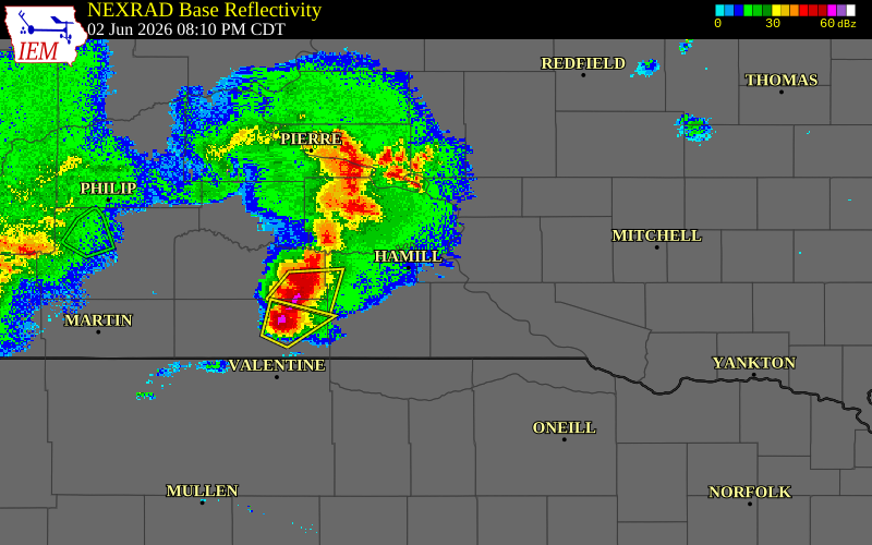 Radar snapshot during the Jun 2, 2026 hail event near 4 WNW Iona, Lyman County, South Dakota, with NWS warning polygons