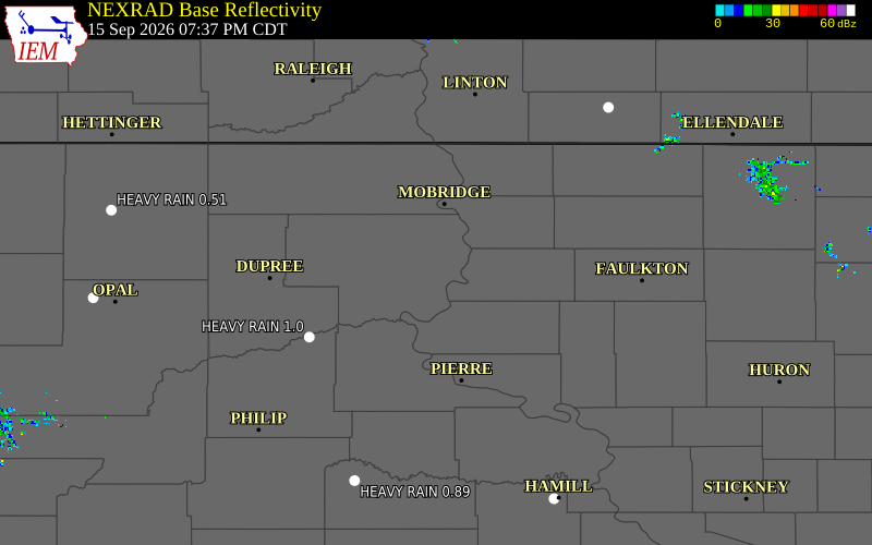 Current NEXRAD radar over Lyman County, South Dakota with recent storm report locations
