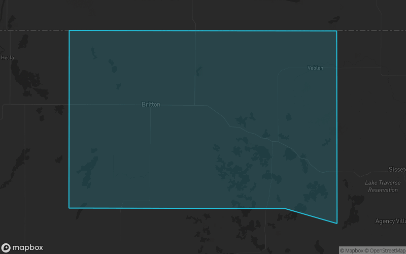 Map of Marshall County, South Dakota showing the county boundary and surrounding cities