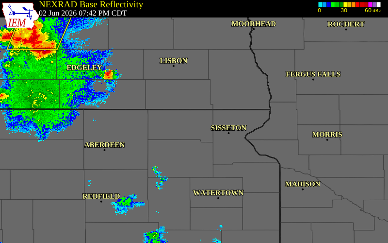 NEXRAD radar during the Tuesday, June 2, 2026 storm activity in Marshall County, South Dakota