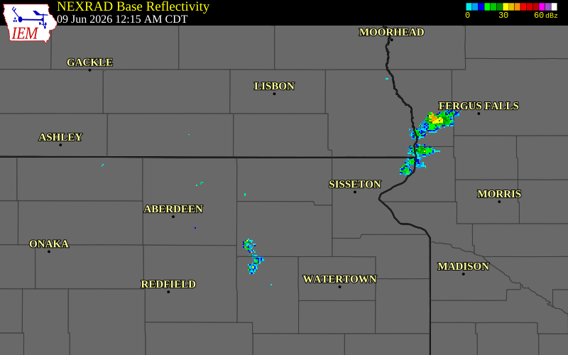 NEXRAD radar during the Tuesday, June 9, 2026 storm activity in Marshall County, South Dakota