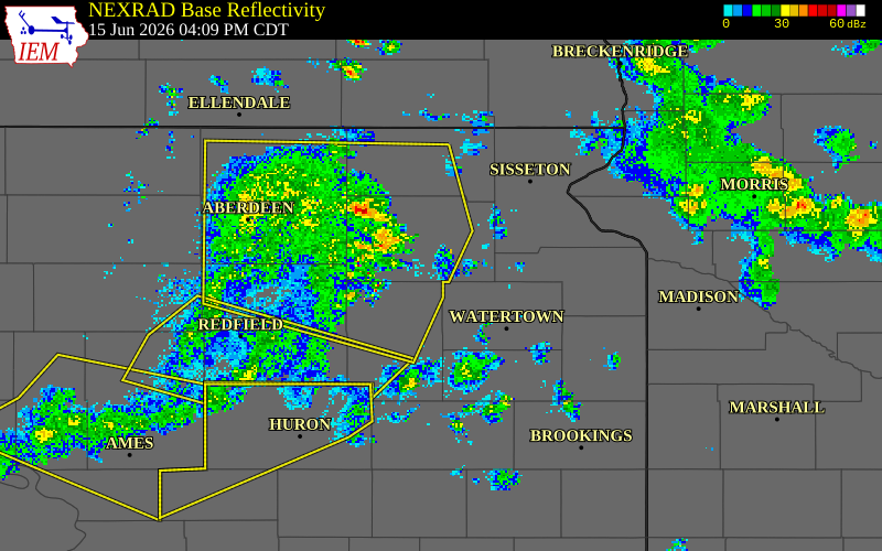 NEXRAD radar during the Monday, June 15, 2026 storm activity in Marshall County, South Dakota