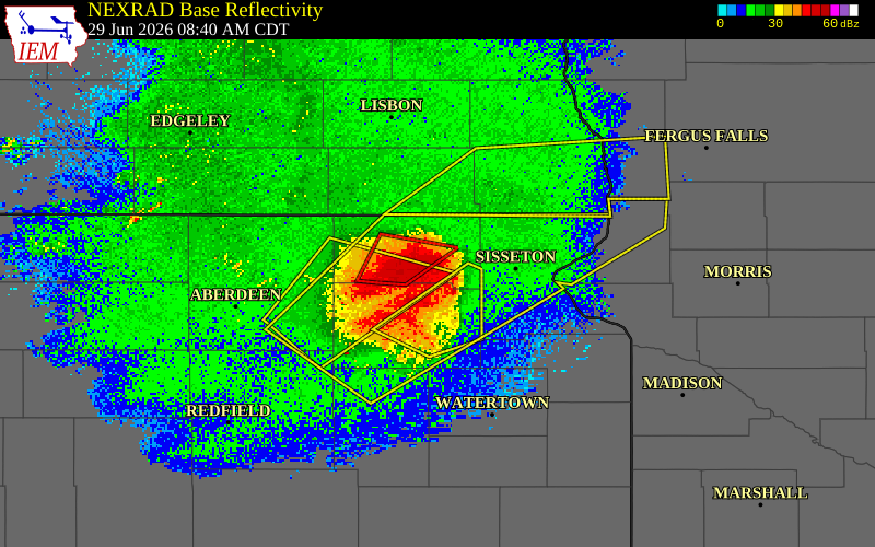 NEXRAD radar during the Monday, June 29, 2026 storm activity in Marshall County, South Dakota