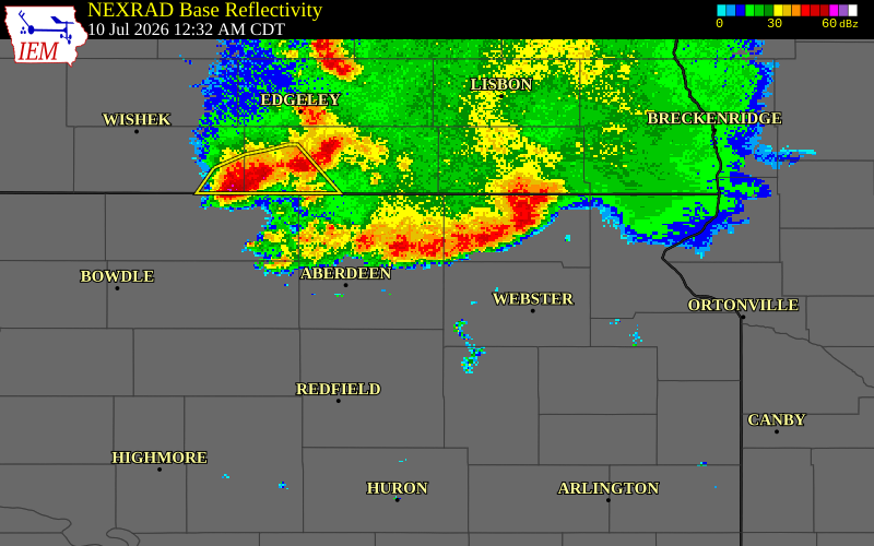 NEXRAD radar during the Friday, July 10, 2026 storm activity in Marshall County, South Dakota