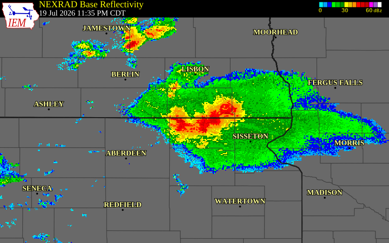 NEXRAD radar during the Sunday, July 19, 2026 storm activity in Marshall County, South Dakota