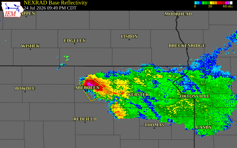 NEXRAD radar during the Friday, July 24, 2026 storm activity in Marshall County, South Dakota